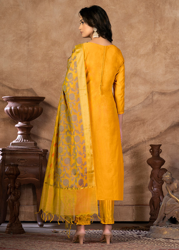 3 Pc Yellow Unstitched Silk Suit Set VDKSH31072131 - Indian Silk House Agencies