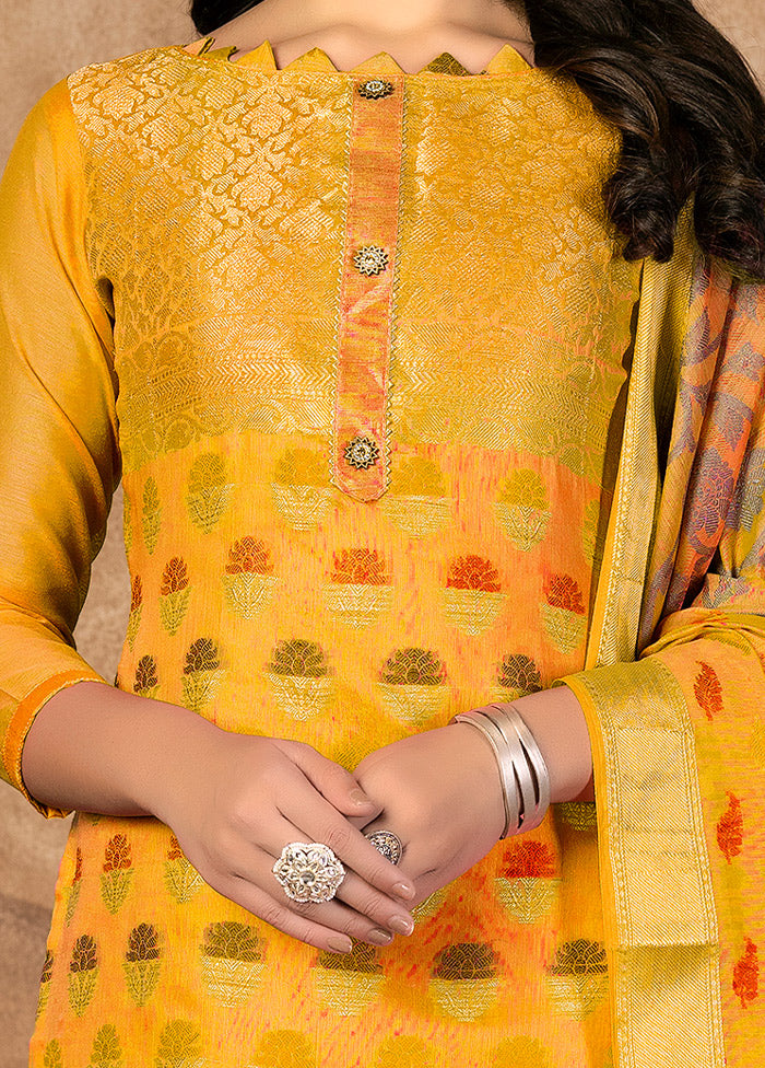 3 Pc Yellow Unstitched Silk Suit Set VDKSH31072131 - Indian Silk House Agencies