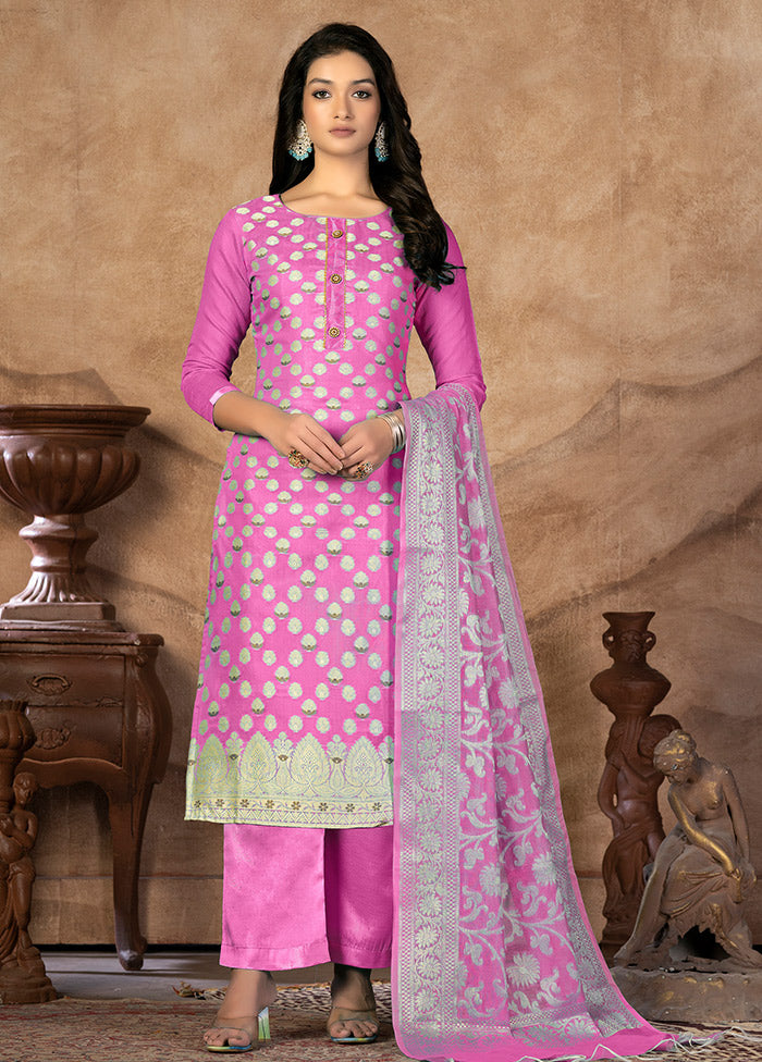 3 Pc Pink Unstitched Silk Suit Set VDKSH31072133 - Indian Silk House Agencies