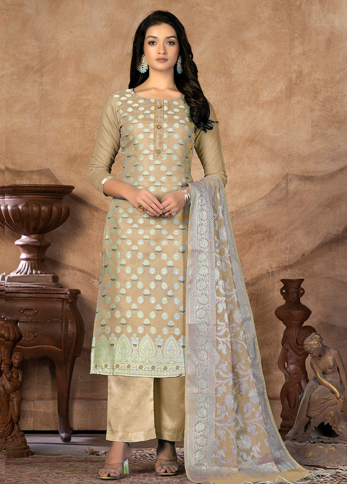 3 Pc Beige Unstitched Silk Suit Set VDKSH31072134 - Indian Silk House Agencies