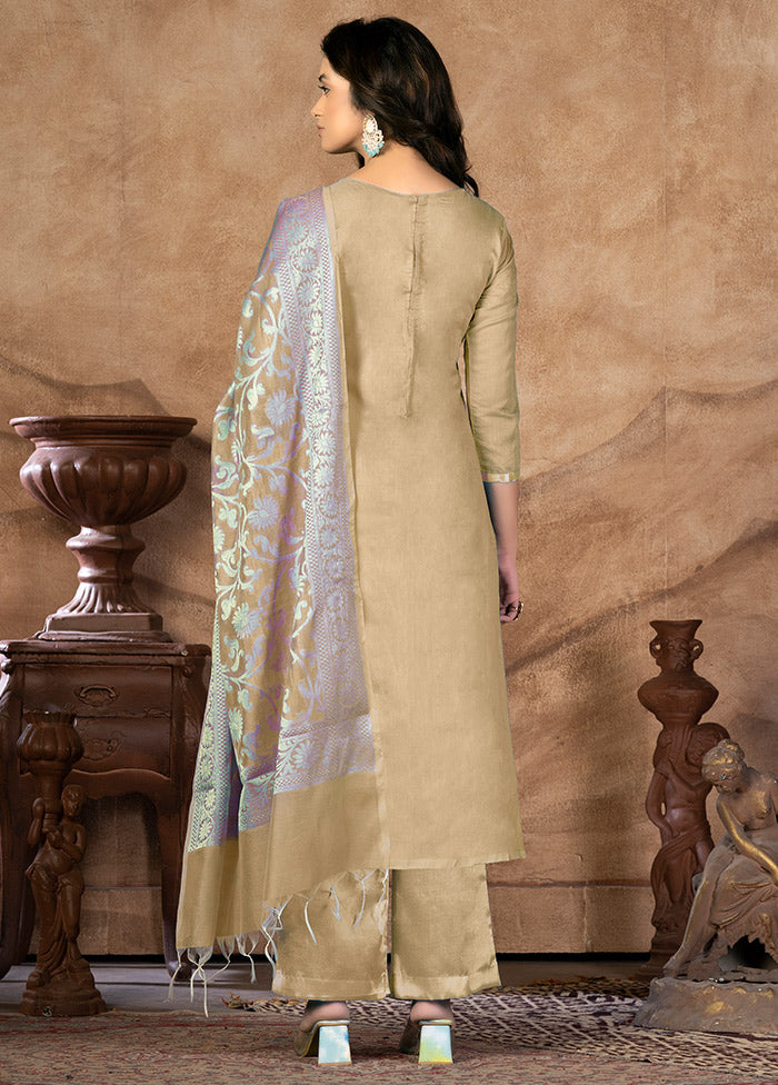 3 Pc Beige Unstitched Silk Suit Set VDKSH31072134 - Indian Silk House Agencies
