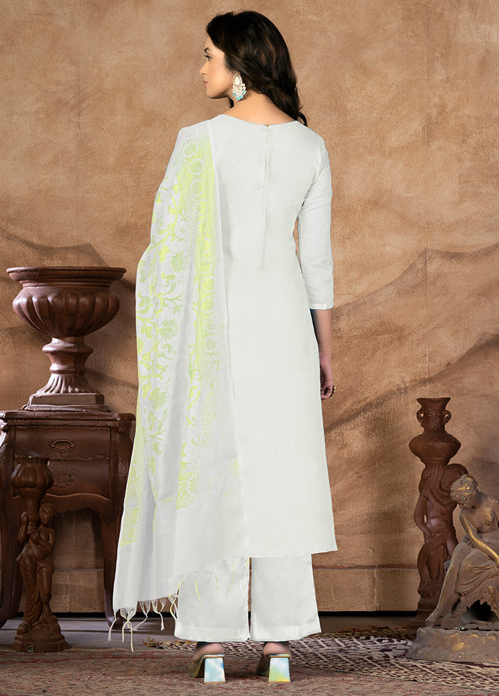 3 Pc White Unstitched Silk Suit Set VDKSH31072136 - Indian Silk House Agencies