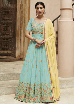 3 Pc Sky Blue Semi Stitched Georgette Suit Set VDKSH31072101 - Indian Silk House Agencies