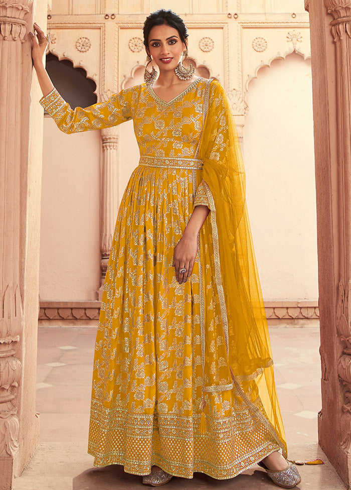 3 Pc Yellow Semi Stitched Silk Suit Set VDKSH31072096 - Indian Silk House Agencies