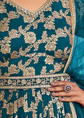 3 Pc Aqua Semi Stitched Silk Suit Set VDKSH31072097 - Indian Silk House Agencies