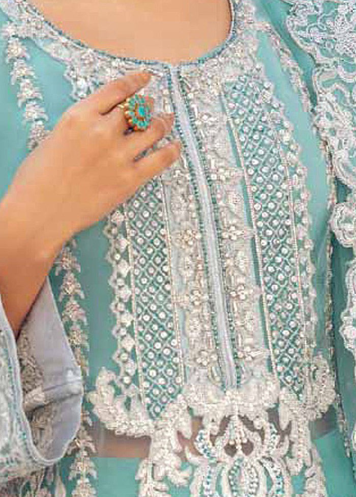 3 Pc Sky Blue Semi Stitched Organza Suit Set VDKSH01082092 - Indian Silk House Agencies