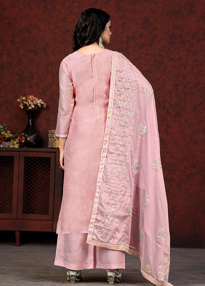 3 Pc Peach Unstitched Silk Suit Set VDKSH01082078 - Indian Silk House Agencies