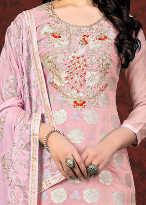 3 Pc Peach Unstitched Silk Suit Set VDKSH01082078 - Indian Silk House Agencies