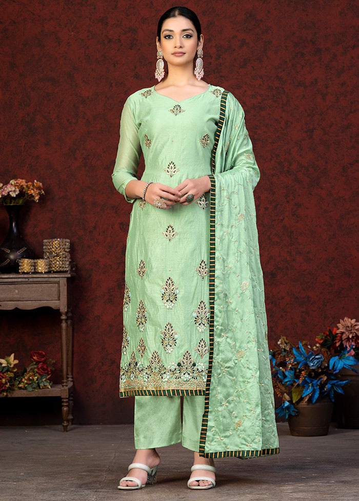 3 Pc Pista Green Unstitched Chanderi Suit Set VDKSH01082081 - Indian Silk House Agencies