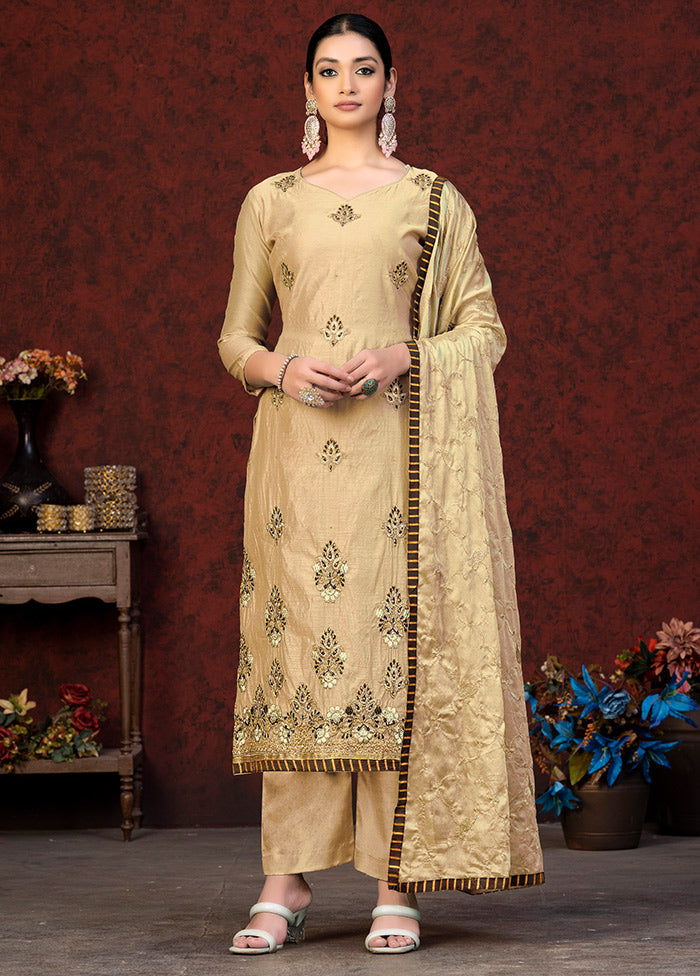 3 Pc Beige Unstitched Chanderi Suit Set VDKSH01082082 - Indian Silk House Agencies