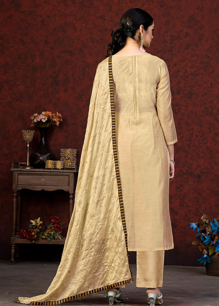 3 Pc Beige Unstitched Chanderi Suit Set VDKSH01082082 - Indian Silk House Agencies