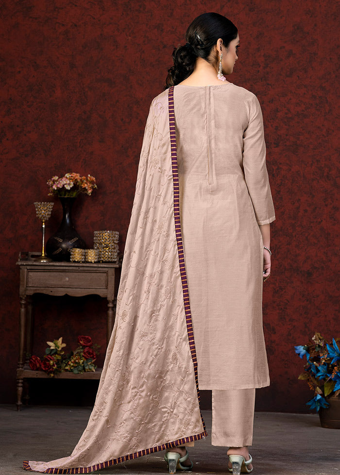 3 Pc Peach Unstitched Chanderi Suit Set VDKSH01082083 - Indian Silk House Agencies