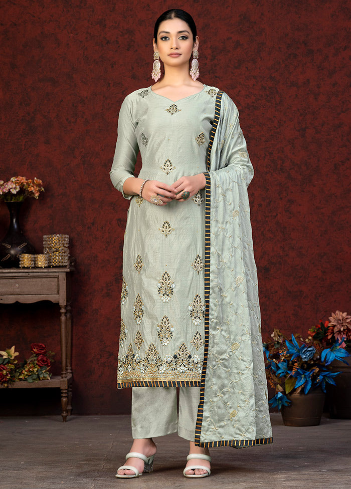 3 Pc Grey Unstitched Chanderi Suit Set VDKSH01082084 - Indian Silk House Agencies
