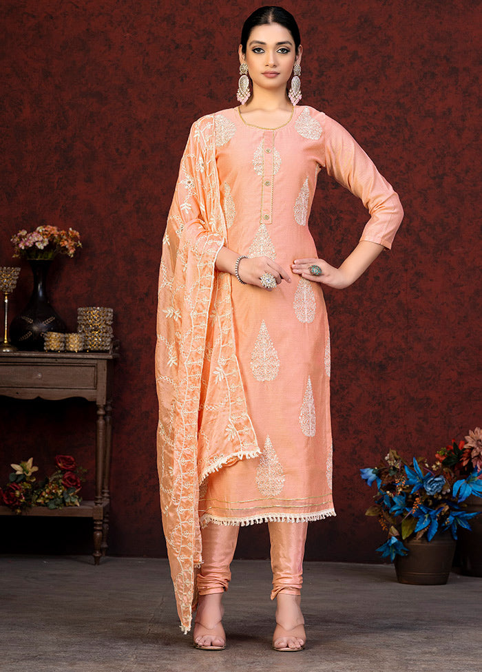 3 Pc Peach Unstitched Chanderi Suit Set VDKSH01082085 - Indian Silk House Agencies