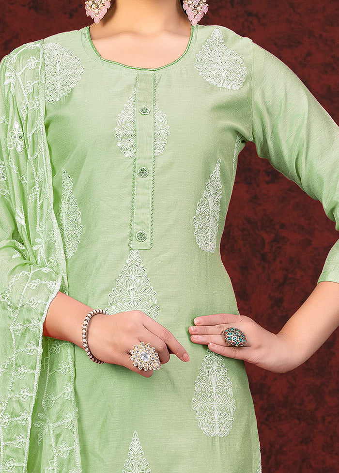 3 Pc Pista Green Unstitched Chanderi Suit Set VDKSH01082086 - Indian Silk House Agencies