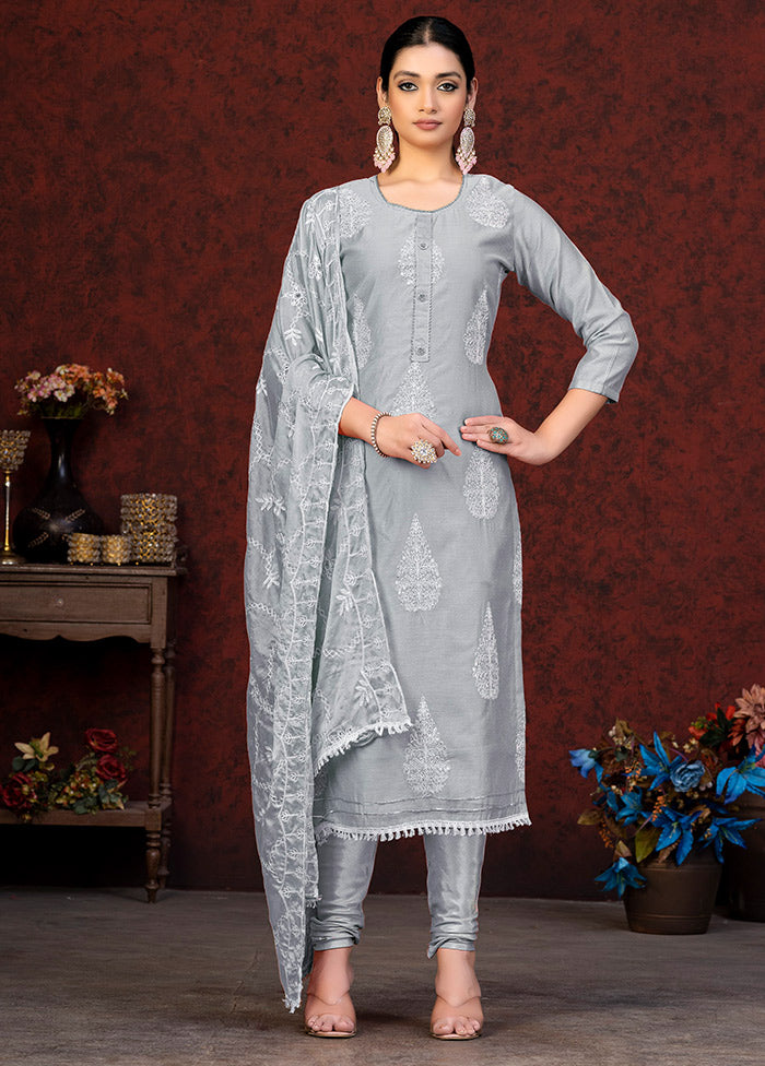 3 Pc Grey Unstitched Chanderi Suit Set VDKSH01082087 - Indian Silk House Agencies