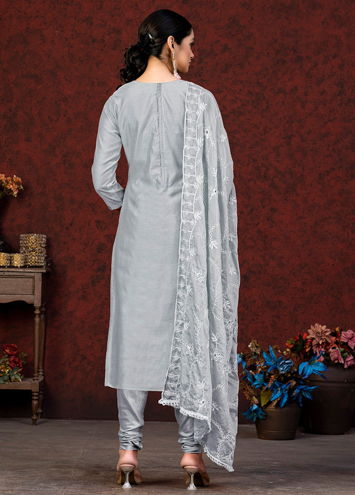 3 Pc Grey Unstitched Chanderi Suit Set VDKSH01082087 - Indian Silk House Agencies