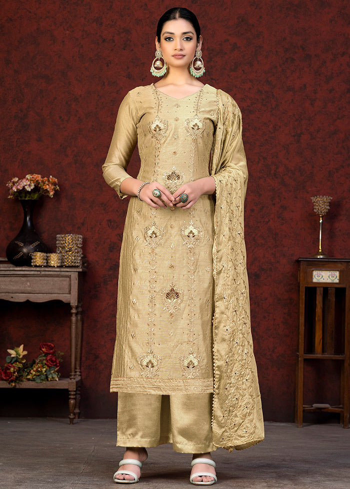 3 Pc Beige Unstitched Chanderi Suit Set VDKSH01082089 - Indian Silk House Agencies