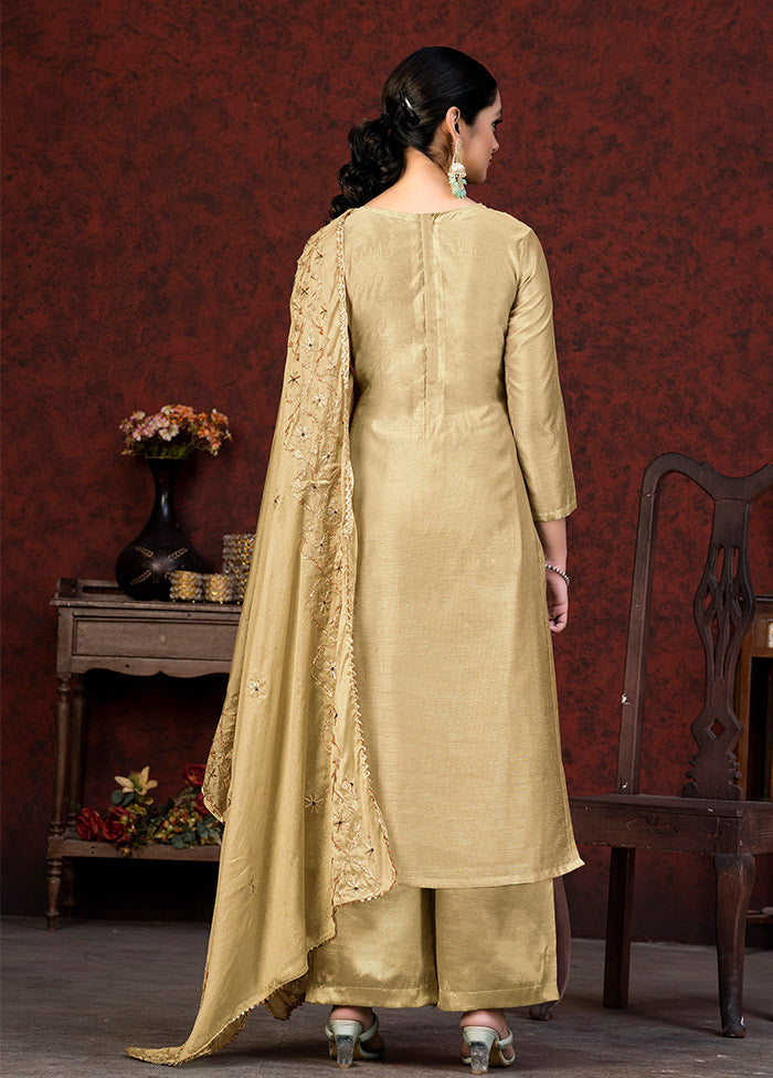 3 Pc Beige Unstitched Chanderi Suit Set VDKSH01082089 - Indian Silk House Agencies