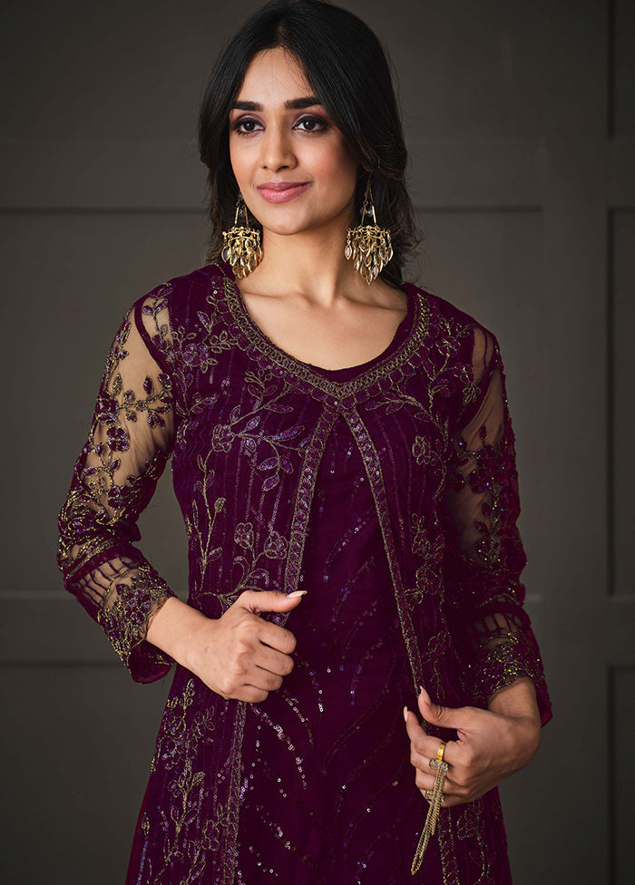 3 Pc Purple Semi Stitched Net Suit Set VDKSH14082144 - Indian Silk House Agencies