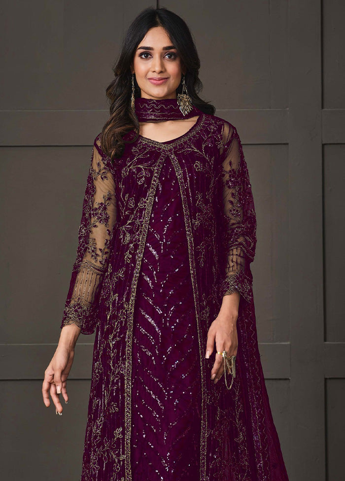 3 Pc Purple Semi Stitched Net Suit Set VDKSH14082144 - Indian Silk House Agencies