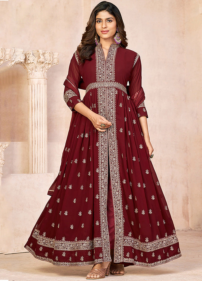 3 Pc Maroon Semi Stitched Georgette Suit Set VDKSH14082155 - Indian Silk House Agencies