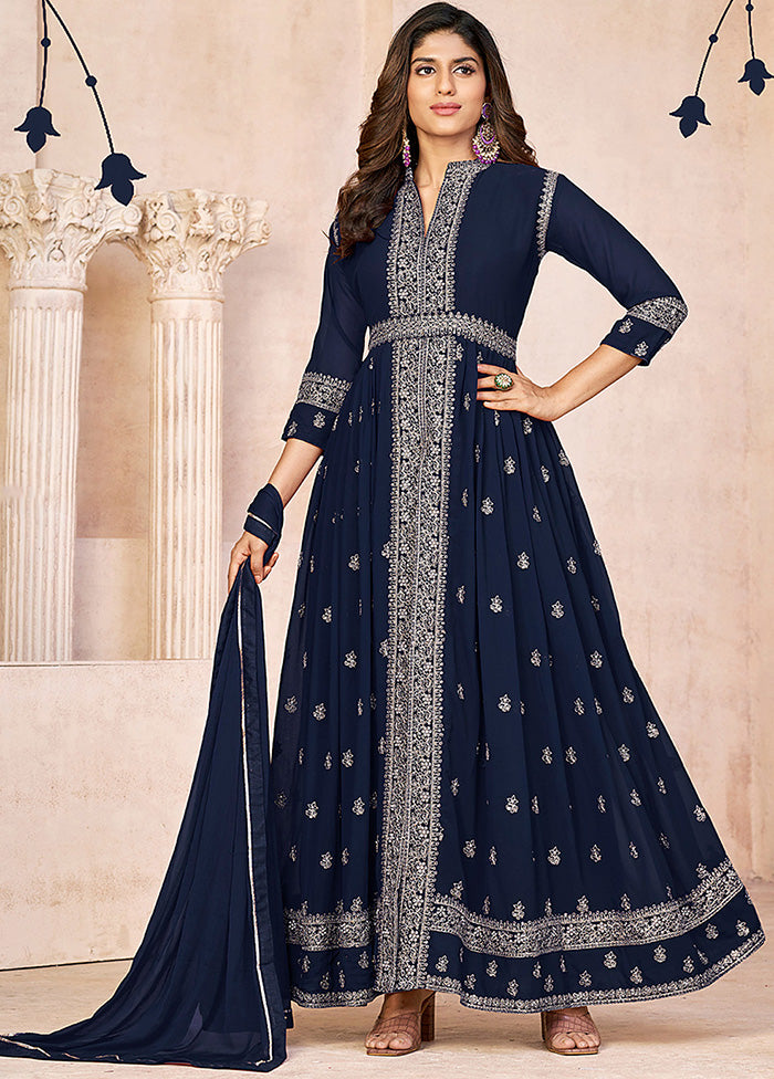 3 Pc Blue Semi Stitched Georgette Suit Set VDKSH14082159 - Indian Silk House Agencies