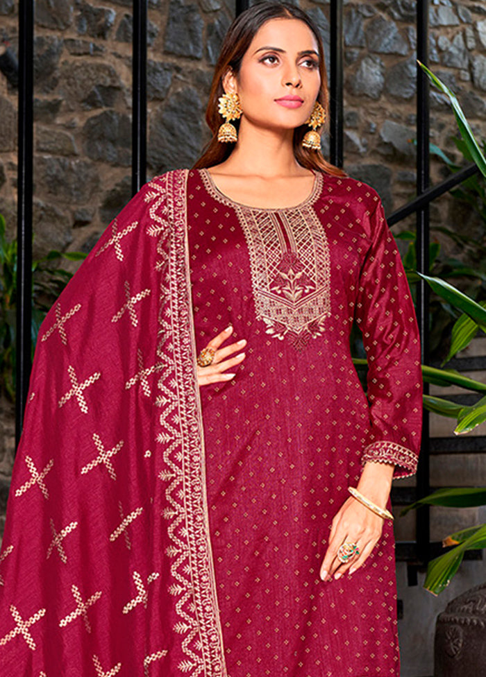 3 Pc Dark Pink Semi Stitched Silk Suit Set VDKSH14082151 - Indian Silk House Agencies