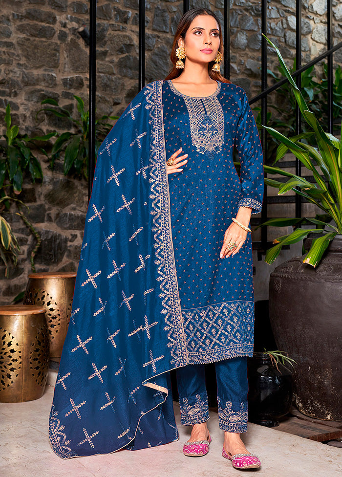 3 Pc Blue Semi Stitched Silk Suit Set VDKSH14082152 - Indian Silk House Agencies