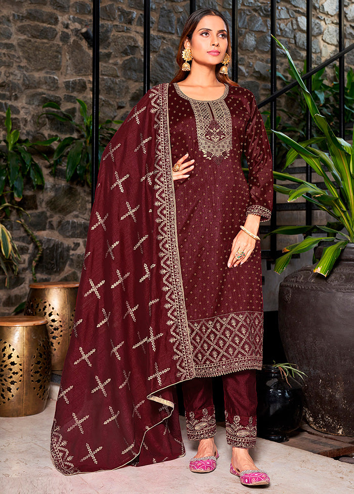 3 Pc Maroon Semi Stitched Silk Suit Set VDKSH14082153 - Indian Silk House Agencies