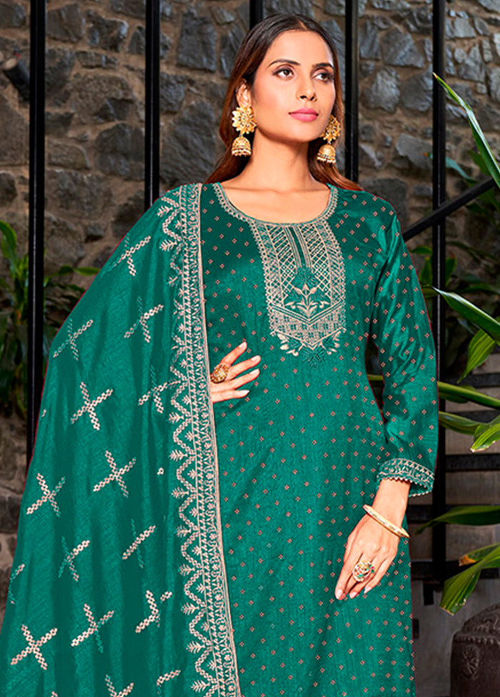 3 Pc Teal Semi Stitched Silk Suit Set VDKSH14082154 - Indian Silk House Agencies