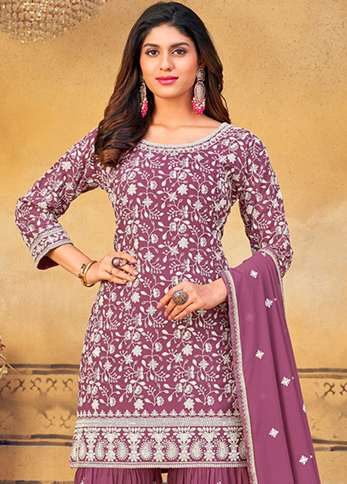 3 Pc Purple Semi Stitched Georgette Suit Set VDKSH14082150 - Indian Silk House Agencies