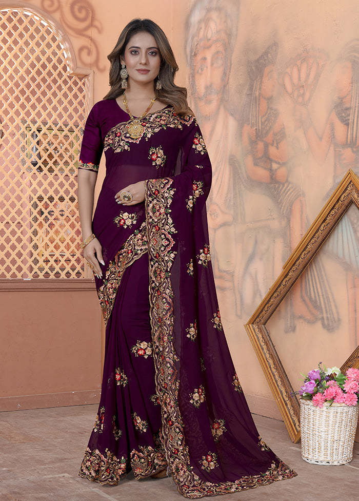 Wine Georgette Saree With Blouse Piece