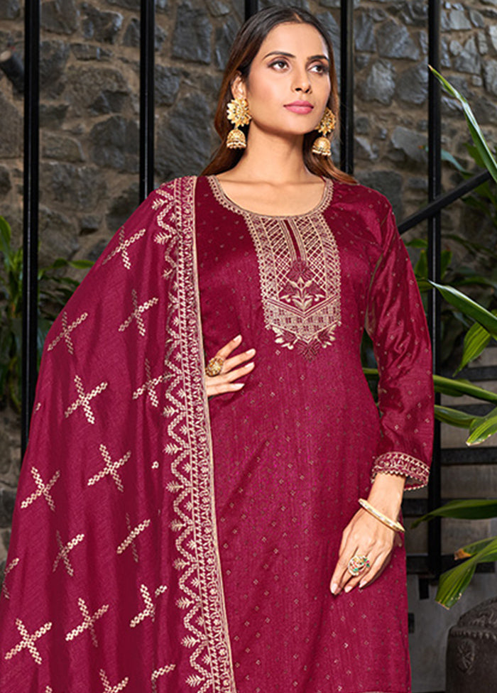 3 Pc Maroon Semi Stitched Silk Suit Set VDKSH14082160 - Indian Silk House Agencies