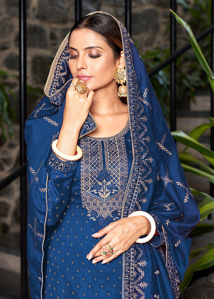 3 Pc Blue Semi Stitched Silk Suit Set VDKSH14082161 - Indian Silk House Agencies