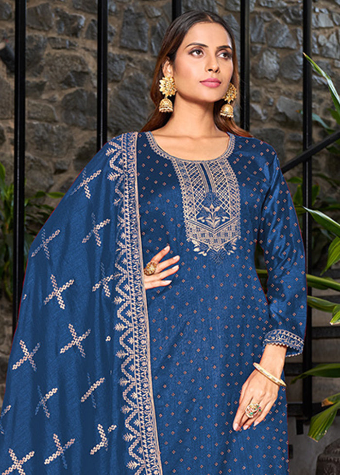 3 Pc Blue Semi Stitched Silk Suit Set VDKSH14082161 - Indian Silk House Agencies
