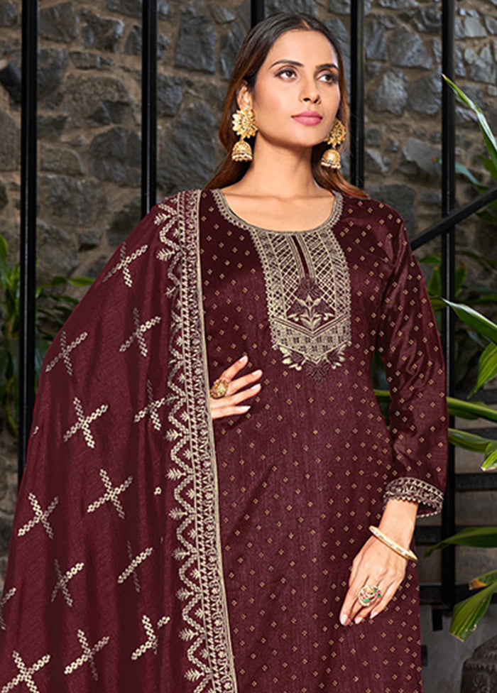 3 Pc Wine Semi Stitched Silk Suit Set VDKSH14082162 - Indian Silk House Agencies