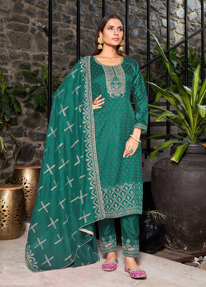3 Pc Green Semi Stitched Silk Suit Set VDKSH14082163 - Indian Silk House Agencies