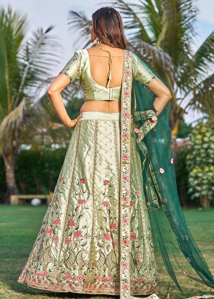 3 Pc Light Green Silk Semi Stitched Lehenga Set - Indian Silk House Agencies