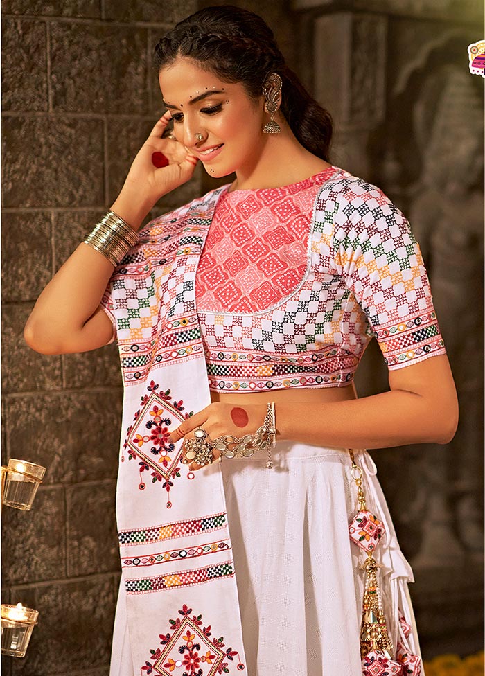 3 Pc White Cotton Semi Stitched Lehenga Set - Indian Silk House Agencies