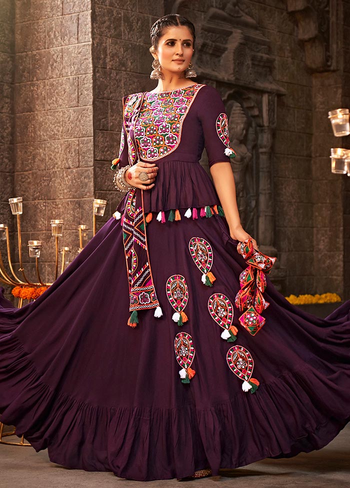 3 Pc Purple Viscose Semi Stitched Lehenga Set - Indian Silk House Agencies