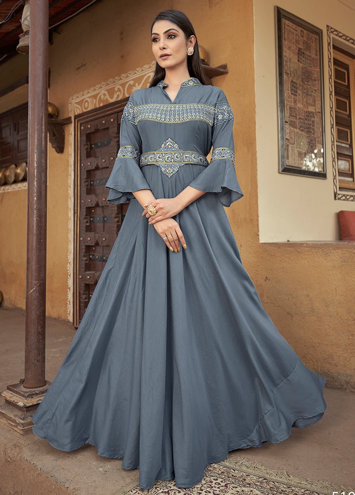 Grey Readymade Silk Gown - Indian Silk House Agencies