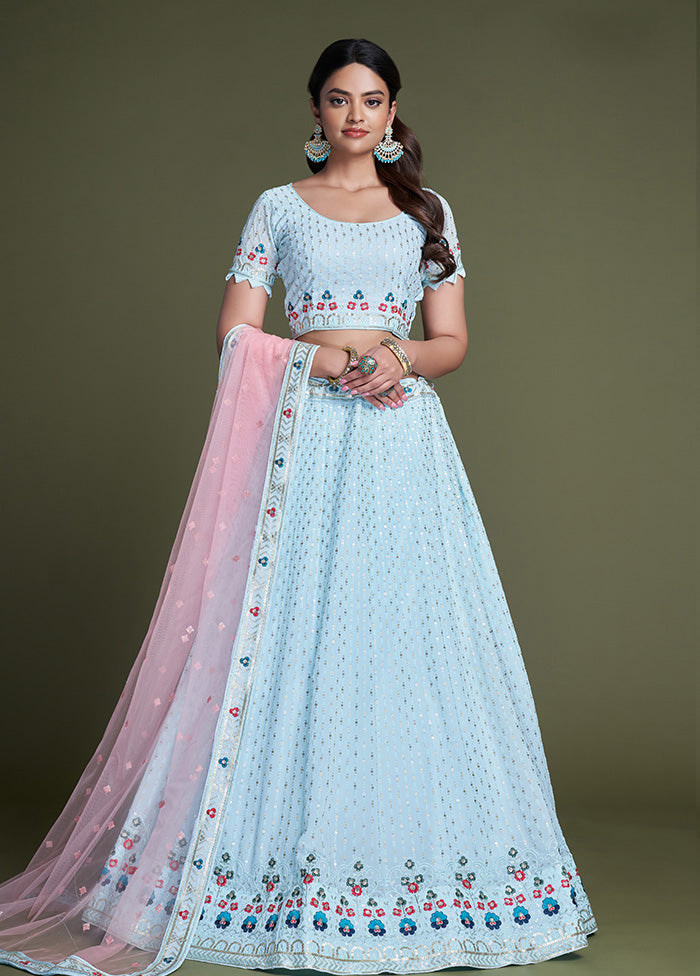 3 Pc Sky Blue Georgette Semi Stitched Lehenga Set - Indian Silk House Agencies