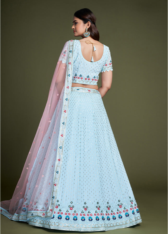 3 Pc Sky Blue Georgette Semi Stitched Lehenga Set - Indian Silk House Agencies