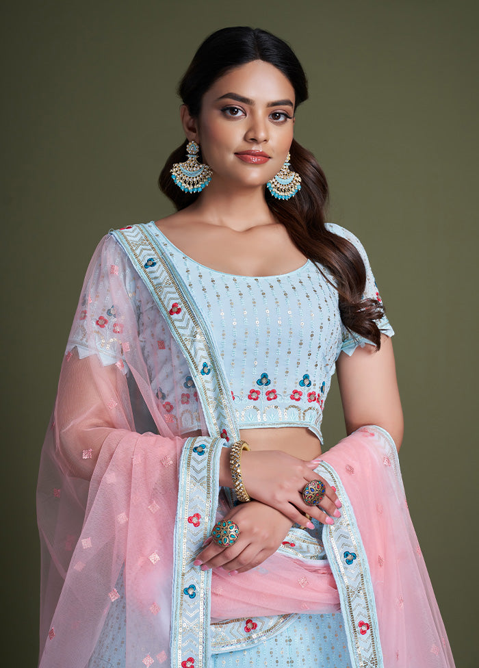 3 Pc Sky Blue Georgette Semi Stitched Lehenga Set - Indian Silk House Agencies