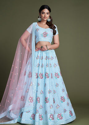 3 Pc Sky Blue Georgette Semi Stitched Lehenga Set - Indian Silk House Agencies