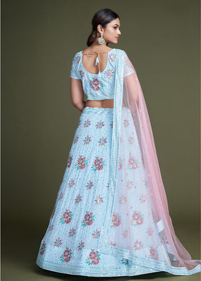 3 Pc Sky Blue Georgette Semi Stitched Lehenga Set - Indian Silk House Agencies