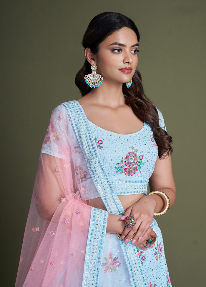 3 Pc Sky Blue Georgette Semi Stitched Lehenga Set - Indian Silk House Agencies