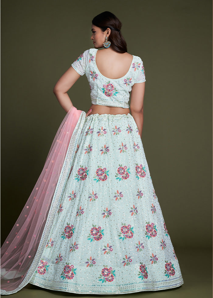 3 Pc Turquoise Georgette Semi Stitched Lehenga Set - Indian Silk House Agencies