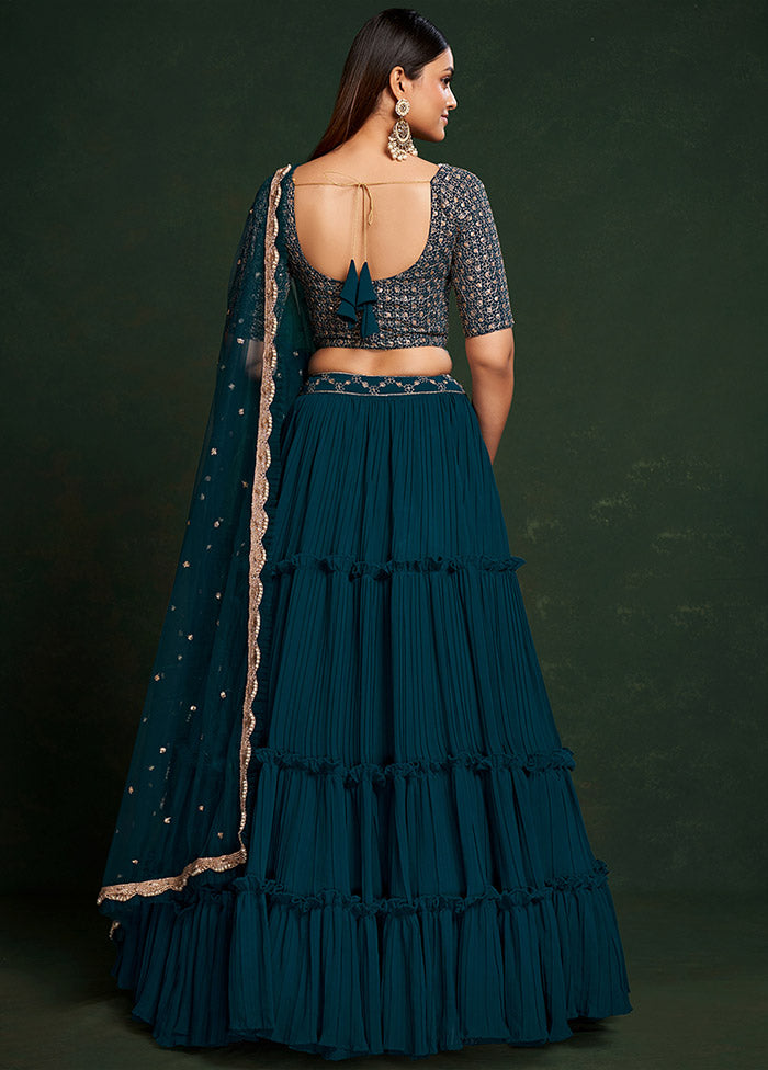 3 Pc Teal Blue Georgette Semi Stitched Lehenga Set - Indian Silk House Agencies